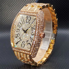 Luxury-Inspired Stainless Steel Men's Watch – Iced-Out Tonneau Dial with Simulated Diamonds