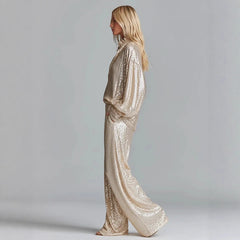 Sequined Two Piece Set – Lantern Sleeve Top & Wide Leg Pants