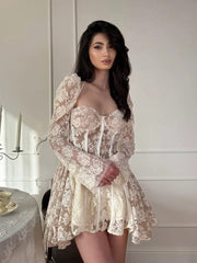 Elegant Patchwork Lace Short Dress for Women 2026