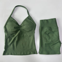 2-Piece Seamless Gym Set Women - Backless Tank Top + High Waist Scrunch Shorts Activewear