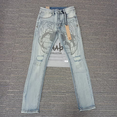 Retro Low Rise Skinny Jeans - Light Blue Ripped Stretch Denim - Unisex