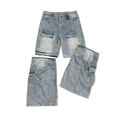 Vintage Washed Detachable Flared Cargo Overalls - Men's Baggy Boot Cut Streetwear Trousers