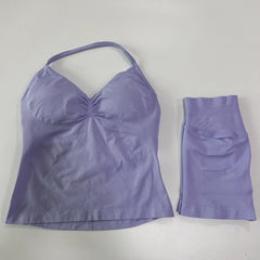 2-Piece Seamless Gym Set Women - Backless Tank Top + High Waist Scrunch Shorts Activewear