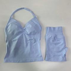 2-Piece Seamless Gym Set Women - Backless Tank Top + High Waist Scrunch Shorts Activewear