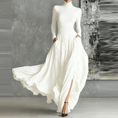 Elegant Turtleneck 2-Piece Set - Long Sleeve Top + Draped Pocket Skirt