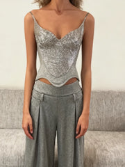 Sequin Patchwork Halter Top – Belted Waist Cincher Street Style Vest