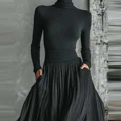 Elegant Turtleneck 2-Piece Set - Long Sleeve Top + Draped Pocket Skirt