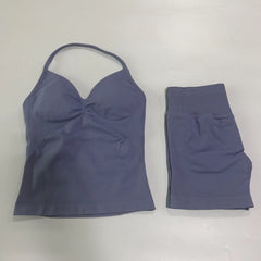 2-Piece Seamless Gym Set Women - Backless Tank Top + High Waist Scrunch Shorts Activewear