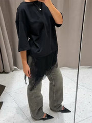 Elegant Lace-Trim Patchwork Blouse for Women – Asymmetrical Hem Solid Top | 2026