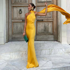 Satin Halter Backless Dress – Decorative Ribbon Evening Formal