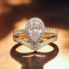 14K Gold Pear Cut Lab Diamond Ring Set - 1.5CT DEF VVS-VS Princess Engagement & Wedding Bands