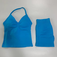 2-Piece Seamless Gym Set Women - Backless Tank Top + High Waist Scrunch Shorts Activewear