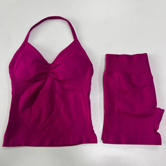 2-Piece Seamless Gym Set Women - Backless Tank Top + High Waist Scrunch Shorts Activewear