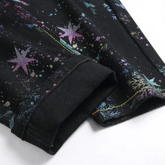 Men's Black Graphic Jeans – Neon Snowflake Star Print Slim Straight