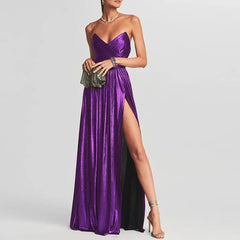 2026 Strapless Backless Slit Maxi Dress – High-Waist Hollow Bronzing Pleated Long Dress