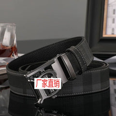Men's Genuine Cowhide Leather Belt – Tartan Pattern with Letter Buckle