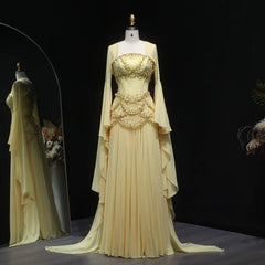 Elegant White & Yellow Chiffon Corset Evening Dress – Luxury Flare Sleeve Jacket Gown