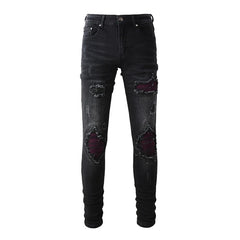 High Street Black Skinny Jeans for Men – Letter Embroidered Slim Fit Denim