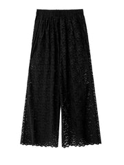 Black Lace Cutout Wide-Leg Pants – Polyester Spandex Cold Wash