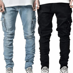 Men's Cargo Denim Jeans – Solid Color Mid-Rise Washed Jeans with Multi Pockets