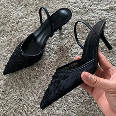 Brown String Bead Mesh Slingback Heels – Embroidered Pointed Toe High Heels for Women