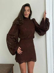 White Lace Mini Dress for Women – Elegant High Neck with Flared Sleeves & Slim Pleats | 2026