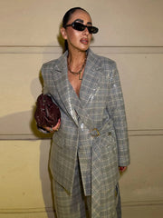 Sequin Stripe Lapel Set – Blazer Top & Wide Leg Pants with Ribbon Detail