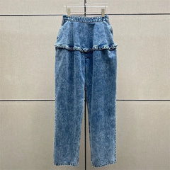 Women’s Peplum Waist Jeans 2026 – Vintage Washed High-Waisted Straight Leg Denim Pants