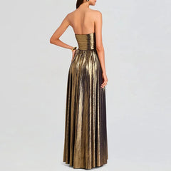 2026 Strapless Backless Slit Maxi Dress – High-Waist Hollow Bronzing Pleated Long Dress