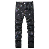 Men's Black Graphic Jeans – Neon Snowflake Star Print Slim Straight