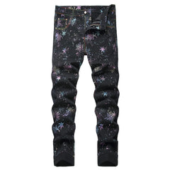 Men's Black Graphic Jeans – Neon Snowflake Star Print Slim Straight