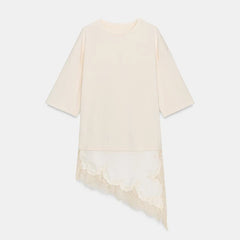 Elegant Lace-Trim Patchwork Blouse for Women – Asymmetrical Hem Solid Top | 2026