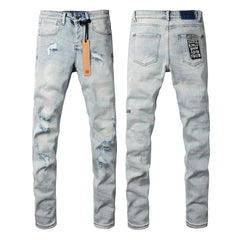 Retro Low Rise Skinny Jeans - Light Blue Ripped Stretch Denim - Unisex