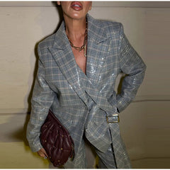 Sequin Stripe Lapel Set – Blazer Top & Wide Leg Pants with Ribbon Detail