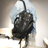 Vintage Rewashed Cowhide Leather Backpack - Black Retro Travel Bag for Men & Women