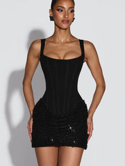 Sequin Patchwork Mini Dress for Women – Chic Off-Shoulder Backless Sling Dress with Waist Cinching