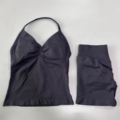 2-Piece Seamless Gym Set Women - Backless Tank Top + High Waist Scrunch Shorts Activewear