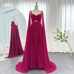 Fuchsia Chiffon Evening Dress with Cape Sleeves – Elegant Yellow Accent Arabic Formal Gown