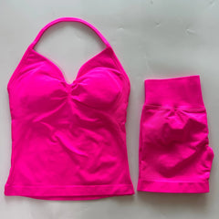 2-Piece Seamless Gym Set Women - Backless Tank Top + High Waist Scrunch Shorts Activewear