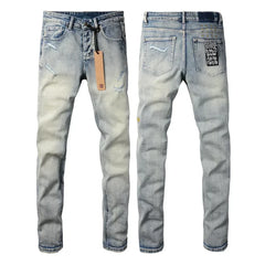 Retro Low Rise Skinny Jeans - Light Blue Ripped Stretch Denim - Unisex