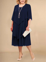 Plus Size Elegant Chiffon Midi Dress – Flowy Irregular Layered Hem, O-Neck Summer Dress