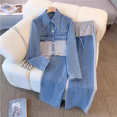 Color-Blocked Denim Jacket & Wide-Leg Pants Set – Loose Fit Two-Piece Casual Suit for Women |