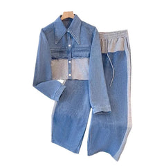 Color-Blocked Denim Jacket & Wide-Leg Pants Set – Loose Fit Two-Piece Casual Suit for Women |