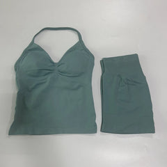 2-Piece Seamless Gym Set Women - Backless Tank Top + High Waist Scrunch Shorts Activewear