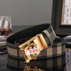 Men's Genuine Cowhide Leather Belt – Tartan Pattern with Letter Buckle