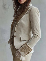 Gold Velvet Floral Set - Bell Sleeve Top + Pocket Pants Casual Suit