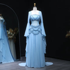 Elegant White & Yellow Chiffon Corset Evening Dress – Luxury Flare Sleeve Jacket Gown