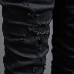 High Street Black Slim Fit Jeans for Men – Washed Stretch Denim with Floral Patch Detail