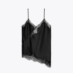 Elegant Lace-Trim Patchwork Blouse for Women – Asymmetrical Hem Solid Top | 2026