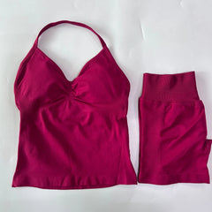 2-Piece Seamless Gym Set Women - Backless Tank Top + High Waist Scrunch Shorts Activewear